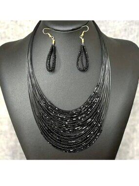Necklace & Earrings Layered Multi Strand Bead Dangle Elegant Statement Marcasite